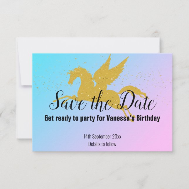 PASTEL RAINBOW GOLD UNICORN SAVE THE DATE RSVP (Front)