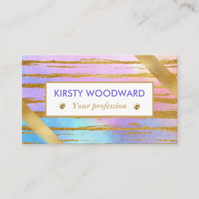 Pastel Rainbow Gradient and Gold Brushstrokes Business Card (Front)