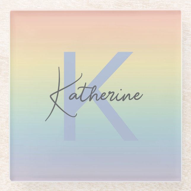 Pastel Rainbow Gradient Monogram Glass Coaster (Front)