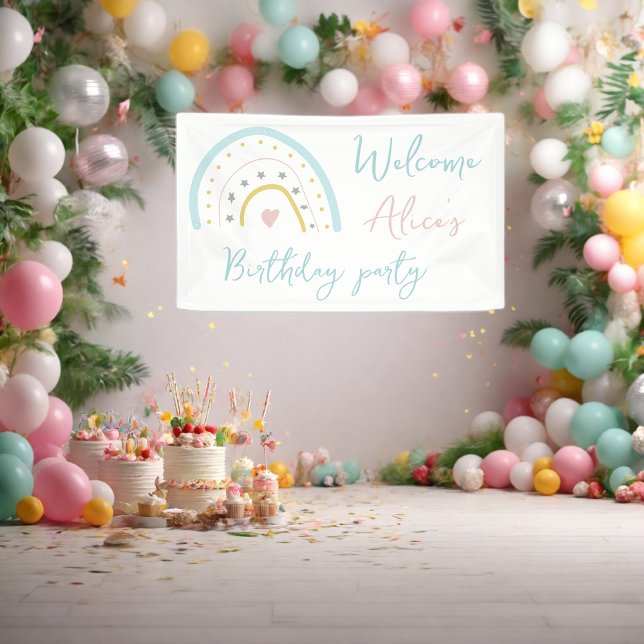 Pastel rainbow hart Baby Birthday Party   Banner (Creator Uploaded)
