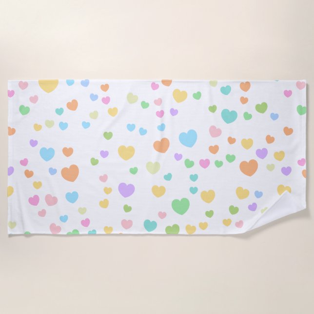 Pastel Rainbow Heart Pattern art Beach Towel (Front)