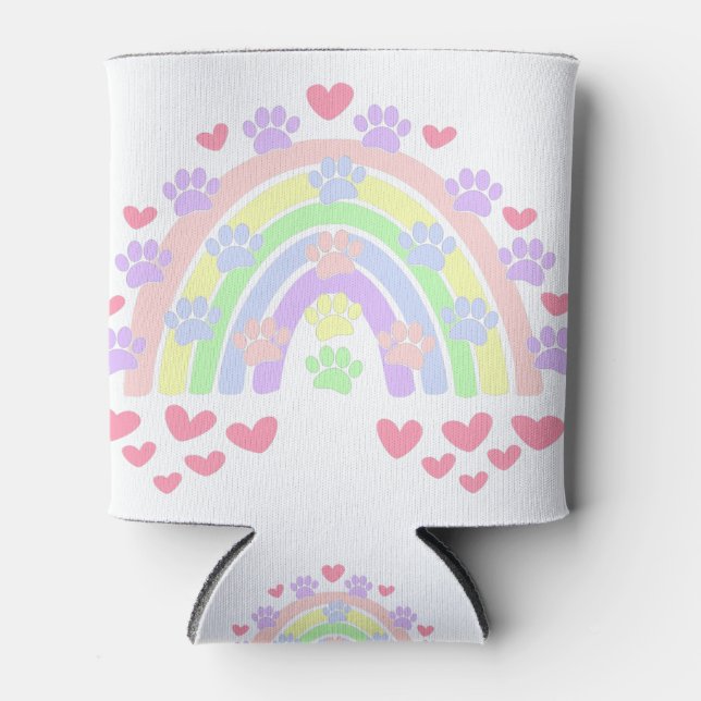 Pastel Rainbow Hearts and Dog Paw Prints Can Cooler (Front)