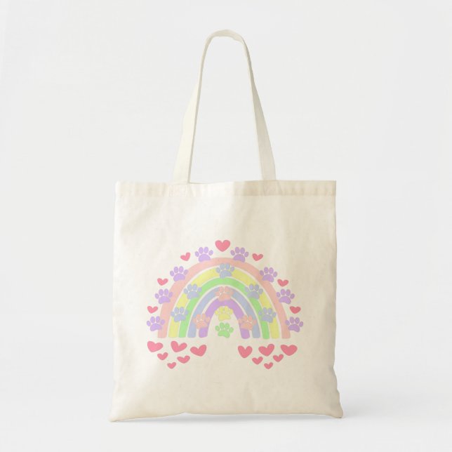 Pastel Rainbow Hearts and Dog Paw Prints Tote Bag (Front)