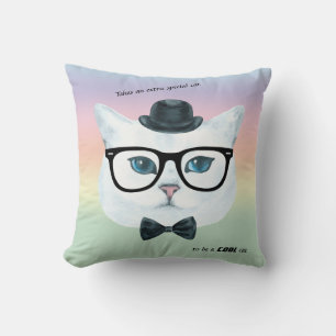 Pastel rainbow Hipster Cat Accent Pillow