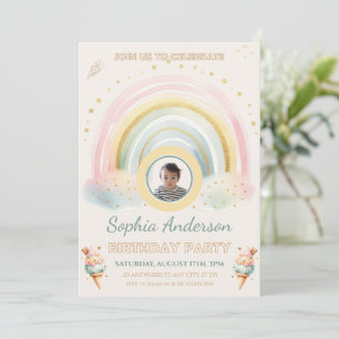 Pastel Rainbow & Ice cream, custom Photo Birthday Invitation