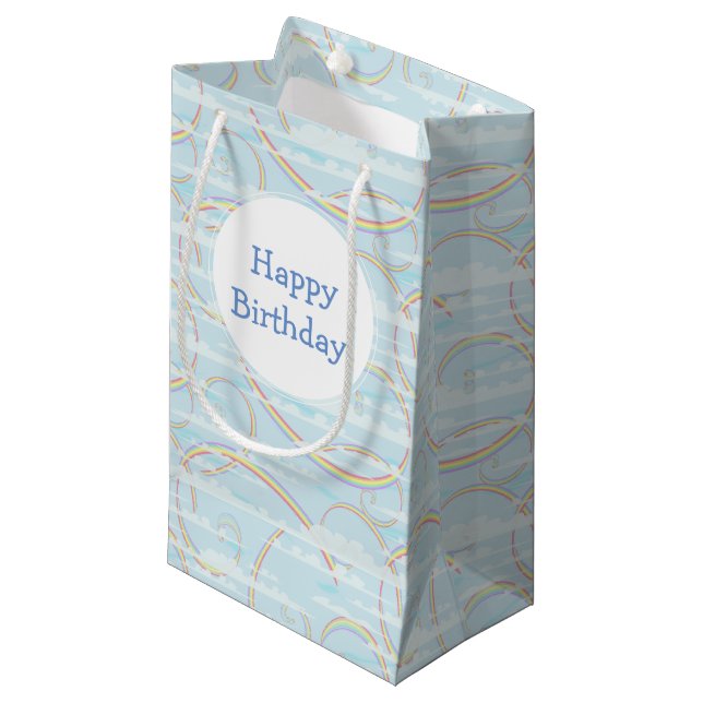 Pastel Rainbow in Blue Sky with White Clouds Small Gift Bag (Front Angled)