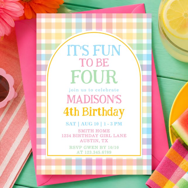 Pastel Rainbow It's Fun To Be Four 4th Birthday Invitation (Creator Uploaded)