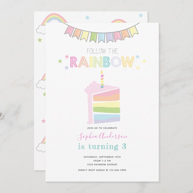 Pastel Rainbow Kids Birthday Party Invitation (Front/Back)
