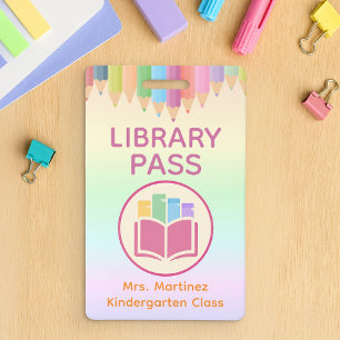 Pastel Rainbow Library Pass Badge for Teachers ID Badge