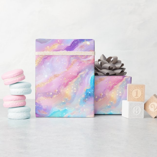 Pastel Rainbow Marble with Gold Glitter Wrapping Paper (Baby Shower)