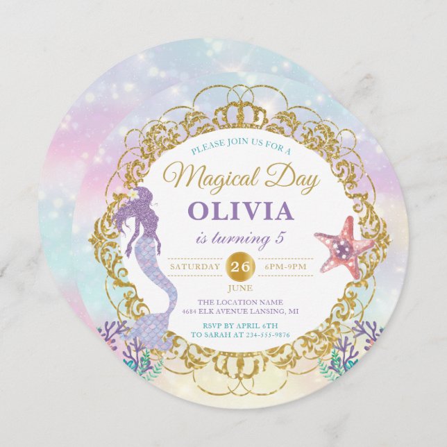 Pastel Rainbow Mermaid Under The Sea Birthday Invitation (Front/Back)