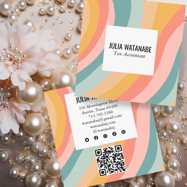 Pastel Rainbow Minimalist Stripes QR Social Media Square Business Card (Pretty feminine pastel rainbow stripes business cards with custom QR code and social icons)