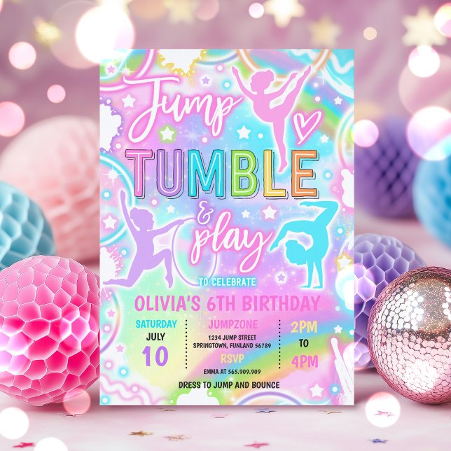 Pastel Rainbow Neon Gymnastics Birthday Party Invitation (Creator Uploaded)