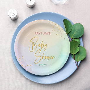 Pastel rainbow ombre baby shower printed paper plate