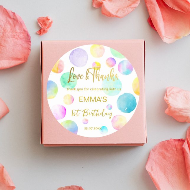 Pastel rainbow ombre dots birthday party thank you classic round sticker (Creator Uploaded)