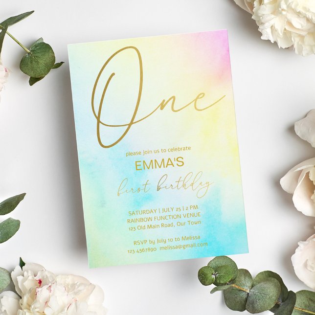 Pastel rainbow ombre first birthday party invitation (Creator Uploaded)