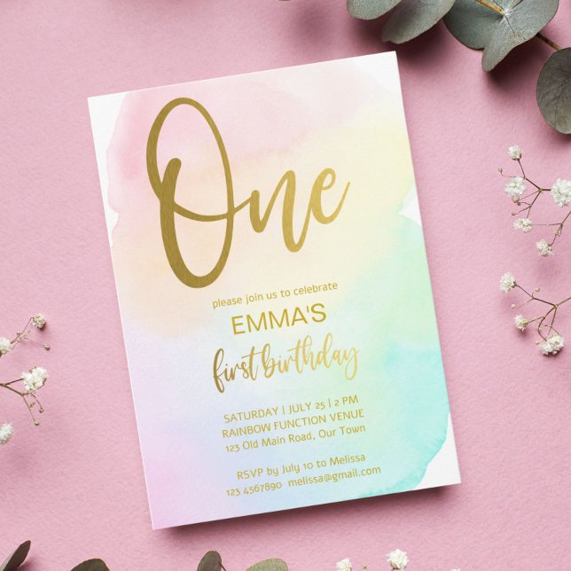 Pastel rainbow ombre first birthday party invitation (Creator Uploaded)