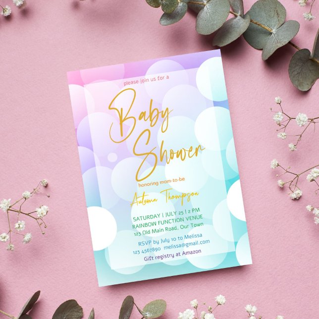Pastel rainbow ombre gold glitter baby shower invitation (Creator Uploaded)