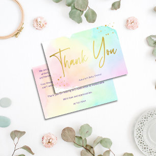 Pastel rainbow ombre gold glitter baby shower thank you card