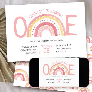 Pastel Rainbow One Girls 1st Birthday Invitation
