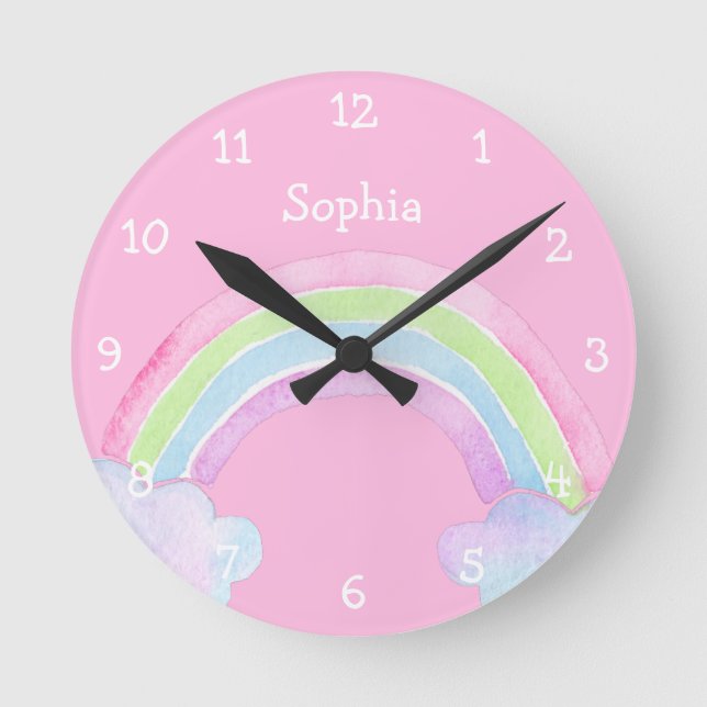 Pastel Rainbow Personalized Girl Name Magical Round Clock (Front)