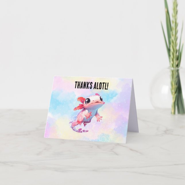 Pastel Rainbow Pink Axolotl Birthday Thank You Card (Front)