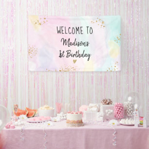 Pastel Rainbow Pink Gold Birthday Banner