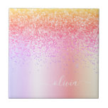 Pastel Rainbow Pink Gold Purple Glitter Monogram Ceramic Tile<br><div class="desc">Orange,  Gold,  Pink Pastel Faux Foil Metallic Sparkle Glitter Brushed Metal Monogram Name and Initial Ceramic Tiles. This makes the perfect sweet 16 birthday,  wedding,  bridal shower,  anniversary,  baby shower or bachelorette party gift for someone that loves glam luxury and chic styles.</div>