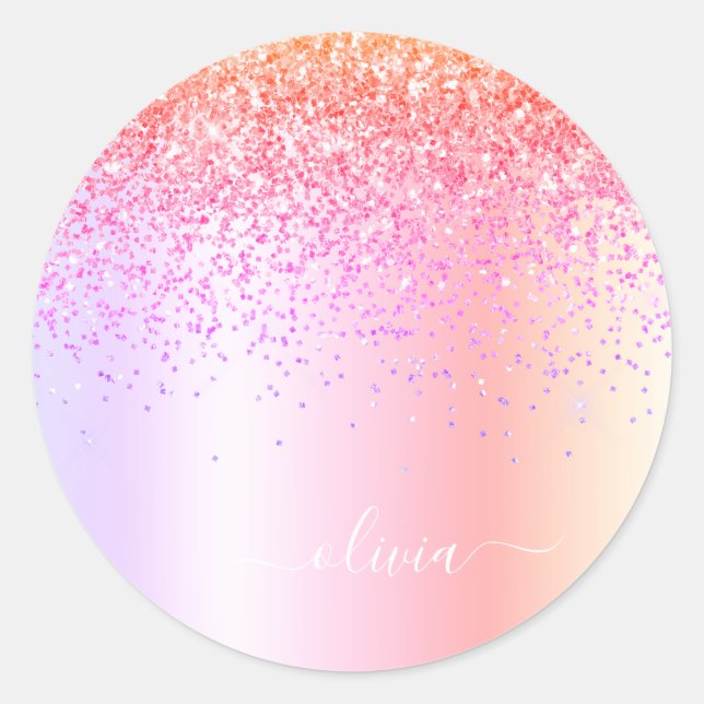 Pastel Rainbow Pink Gold Purple Glitter Monogram Classic Round Sticker (Front)