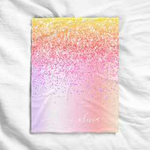 Pastel Rainbow Pink Gold Purple Glitter Monogram Fleece Blanket