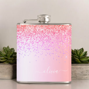 Pastel Rainbow Pink Gold Purple Glitter Monogram Hip Flask