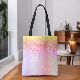 Pastel Rainbow Pink Gold Purple Glitter Monogram Tote Bag
