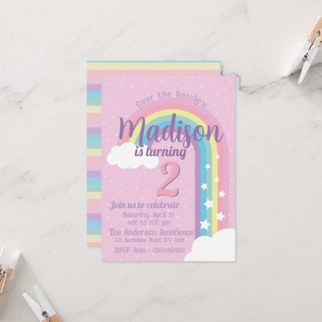 Pastel Rainbow Pink Invitation (Front/Back In Situ)