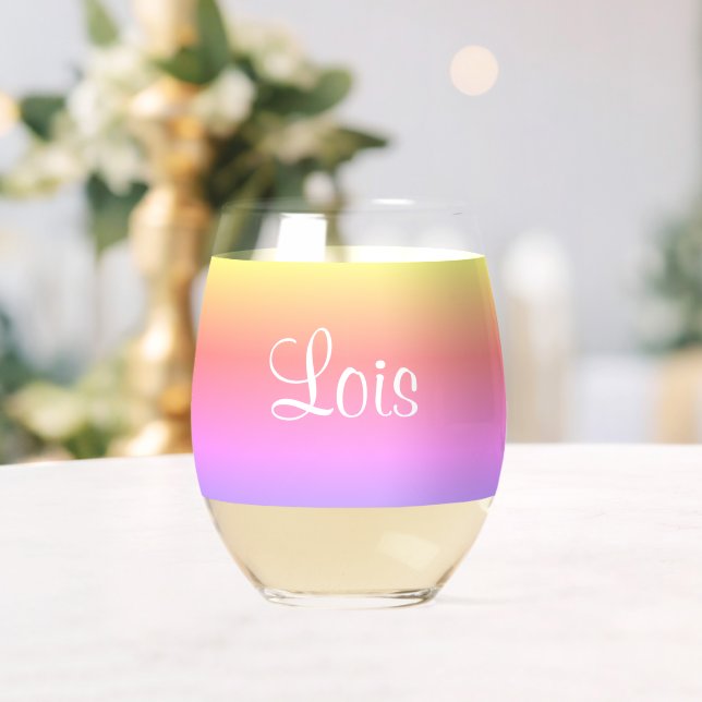 Pastel Rainbow Pink Purple Yellow Ombre (Name) Stemless Wine Glass (Insitu (Wedding))