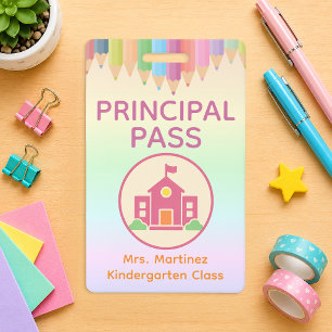 Pastel Rainbow Principal Pass Badge for Teachers ID Badge