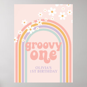 Pastel Rainbow Retro Groovy One 1ST Birthday Poster