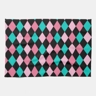 Pastel Rainbow Rhombuses Black Pink Blue Harlequin Tea Towel