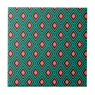 Pastel Rainbow Rhombuses Geometric Black Pink Blue Ceramic Tile