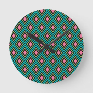 Pastel Rainbow Rhombuses Geometric Black Pink Blue Round Clock