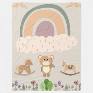 Pastel Rainbow & Rocking Horse Nursery Scene Fleece Blanket
