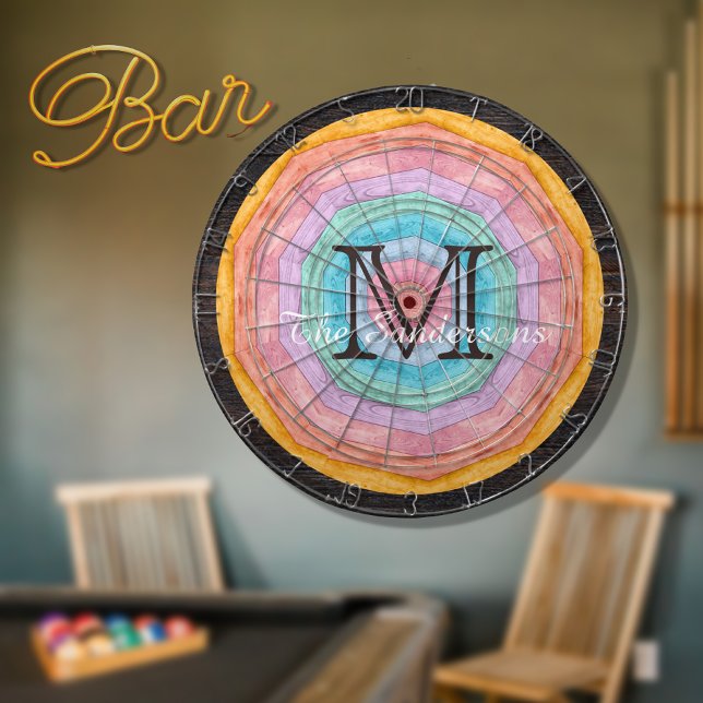 Pastel Rainbow Rustic Wood Tone Monogram Name  Dartboard (Creator Uploaded)