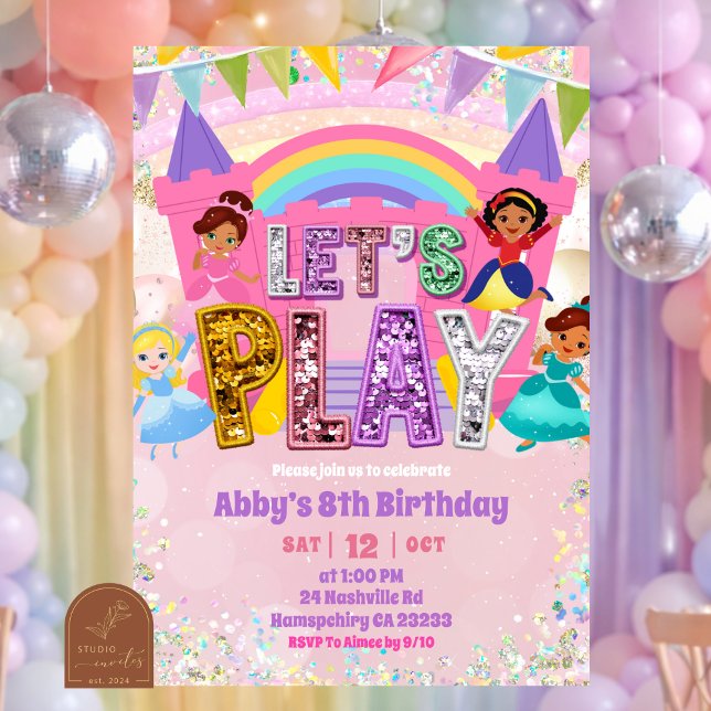 Pastel Rainbow Sequin Bounce Castle Birthday Invitation (Creator Uploaded)
