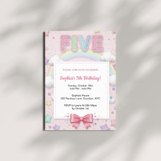 Pastel Rainbow Sequin Glitter Girl 5th Birthday Invitation