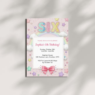 Pastel Rainbow Sequin Glitter Girl 6th Birthday Invitation