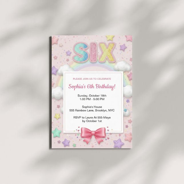 Pastel Rainbow Sequin Glitter Girl 6th Birthday Invitation (Creator Uploaded)