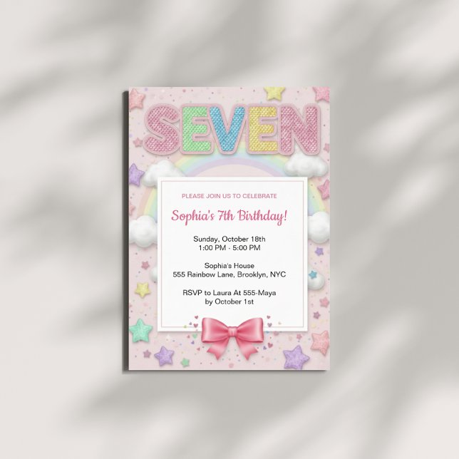 Pastel Rainbow Sequin Glitter Girl 7th Birthday Invitation (Creator Uploaded)