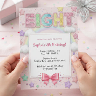 Pastel Rainbow Sequin Glitter Girl 8th Birthday Invitation
