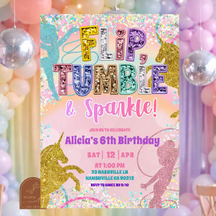 Pastel Rainbow Sequin unicorn and gymnastic girl I Invitation