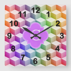 Pastel Rainbow Shaded 3D Cubes Lilac Monogram Square Wall Clock