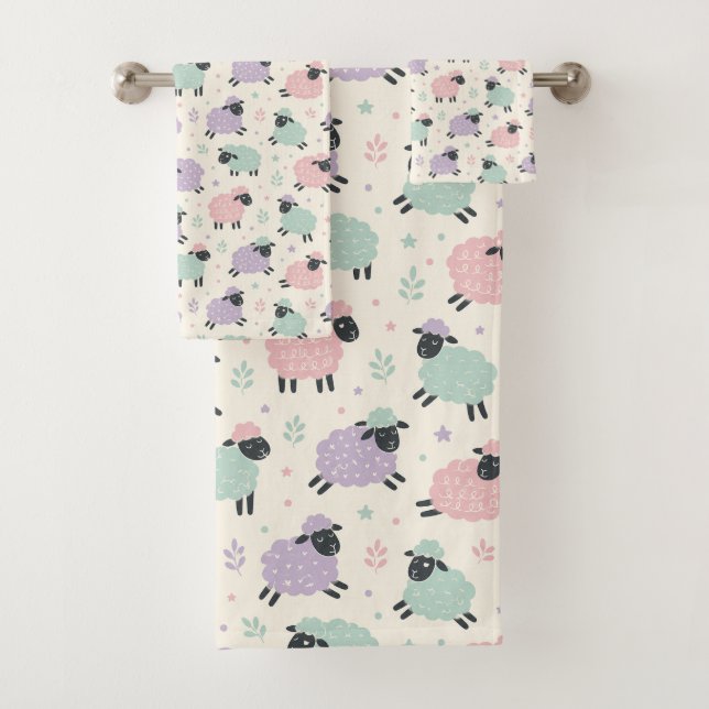 Pastel Rainbow Sheep Pattern Bath Towel Set (Insitu)